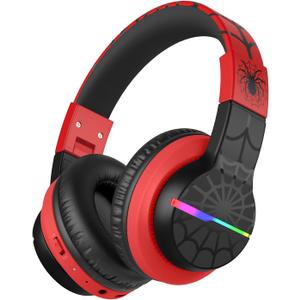iClever BTH12 Kids Bluetooth Headphones,Colorful LED Lights,74/85dBA Safe Volume,85H Playtime,Fast Charging,Bluetooth 5.2,Over Ear Kids Headphones Wireles for iPad/Tablet/Airplane,Black/Red