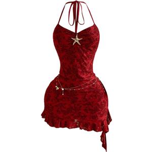 OYOANGLE Women's Floral Lace Starfish Decor Bodycon Mini Dress Ruffle Halter Night Out Party Dress, Small