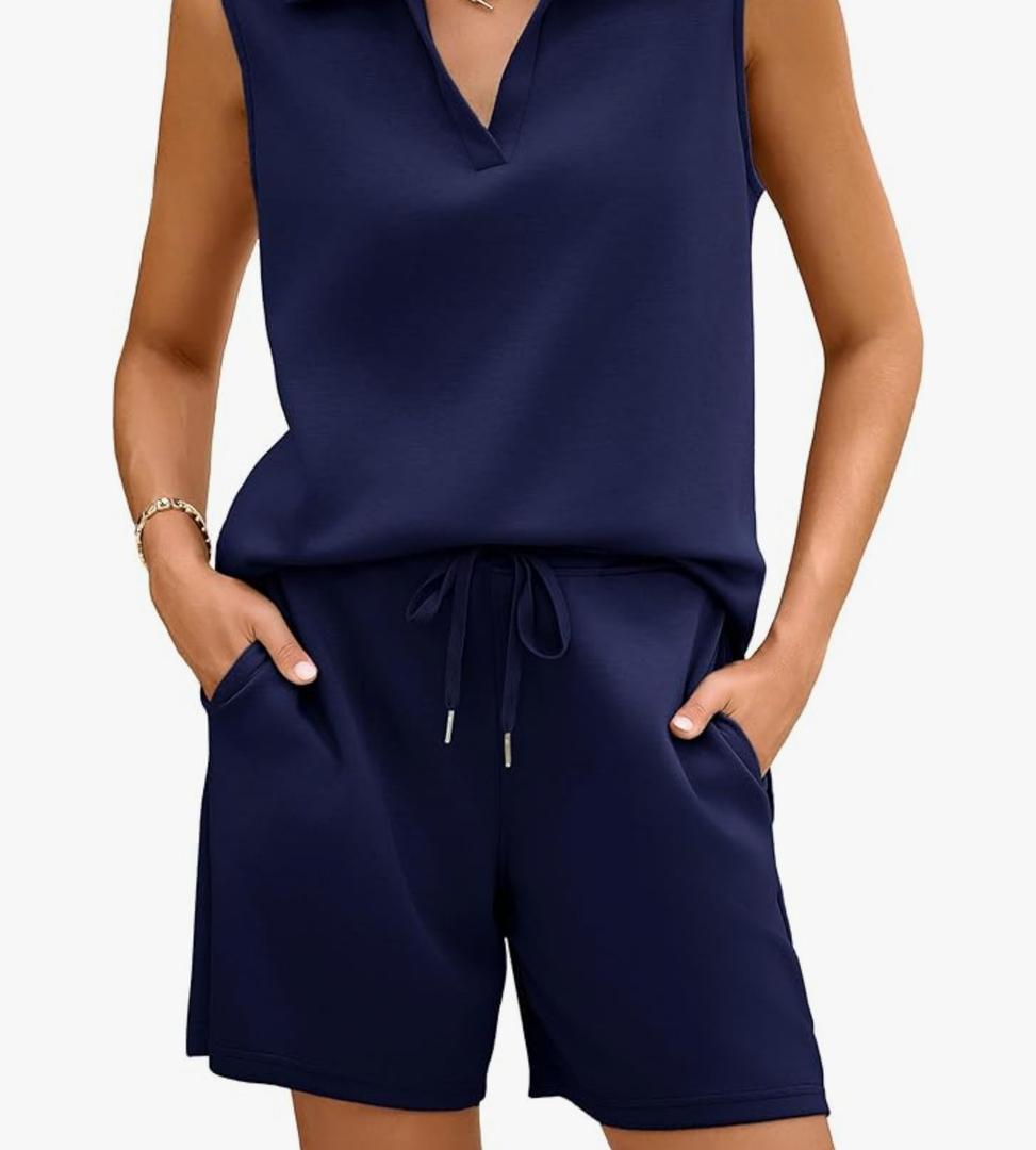 Glamaker Womens Two Piece Short Sets Summer V Neck Travel Outfits Sweatsuits Sleeveless Lounge Sets Tracksuit Large, Blue