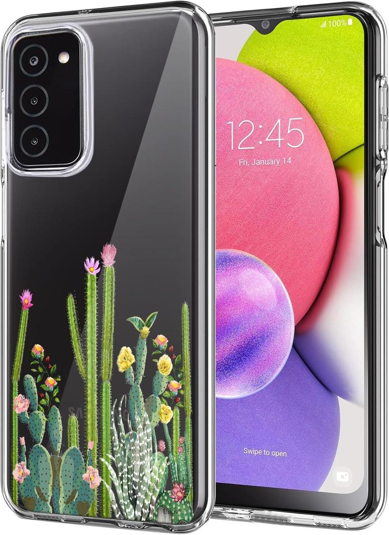 Unov Case Compatible with Galaxy A03s 4G LTE Clear with Cactus Flavors Girly Design Soft TPU Shock Absorption Slim Embossed Pattern Protective Back Cover
