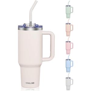 40 oz Tumbler with Handle and Straw Lid, Insulated Reusable Stainless Steel Water Bottle Travel Mug Cupholder Friendly Double Wall Vacuum Sealed Cup 