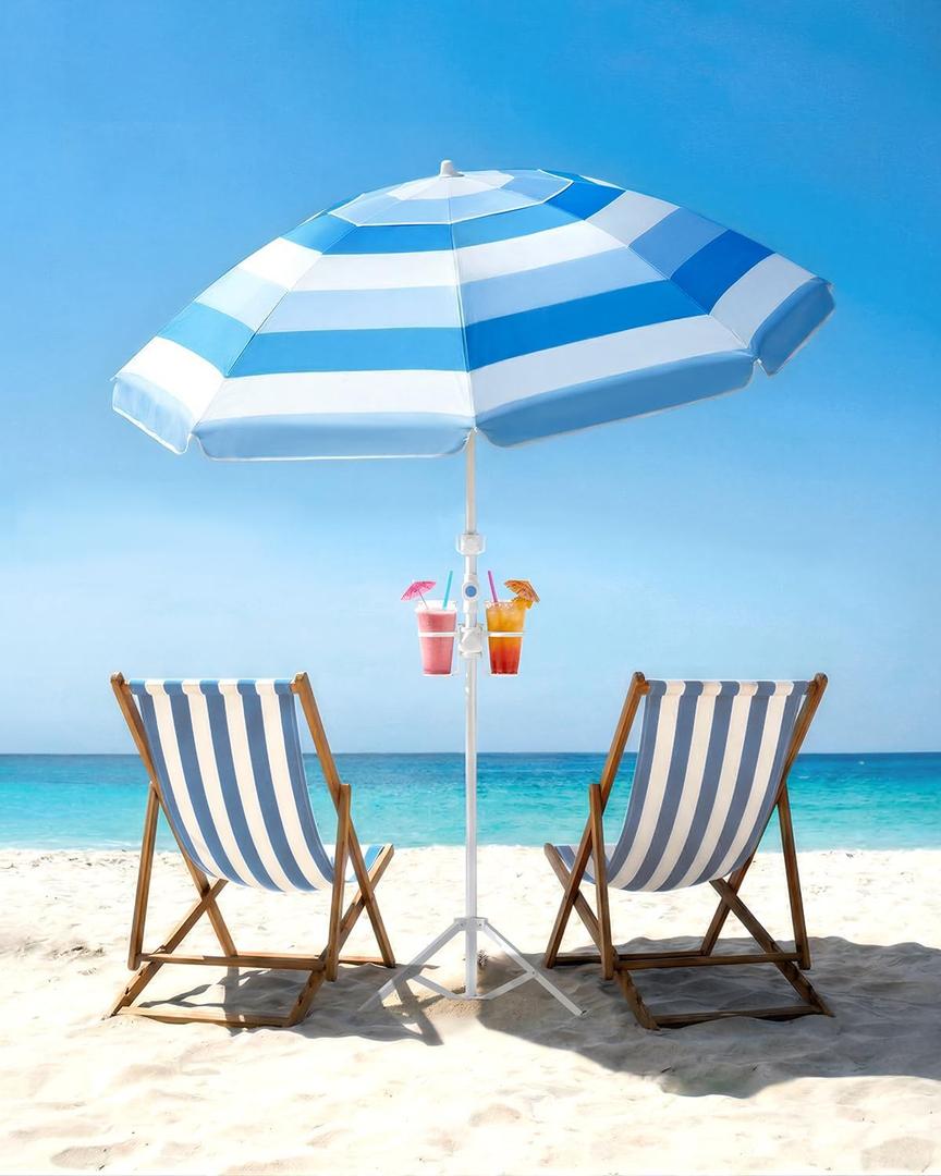 paramondo 6.5FT Beach Umbrella with Sand Anchor, Portable Sunshade Outdoor Patio Umbrella with Adjustable Push Button Tilt, Windproof UV Protection for Sand, Backyard, Pool and Beach, Sea Rhythm