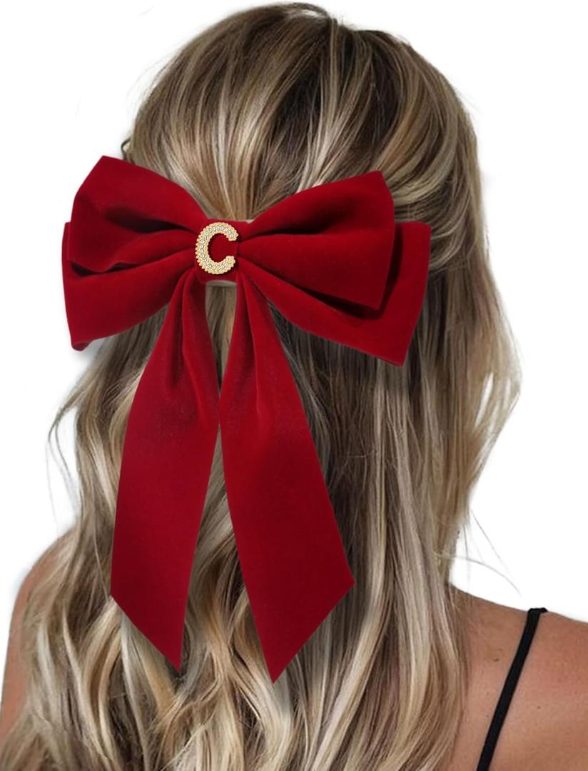 2Pcs Velvet Hair Bows Set  Red Elegant Bow Clip & Long Ribbon Hair Clip, Personalized Hair Accessories for Women, Girls & Kids, Gift for Weddings, Birthdays, Christmas-C