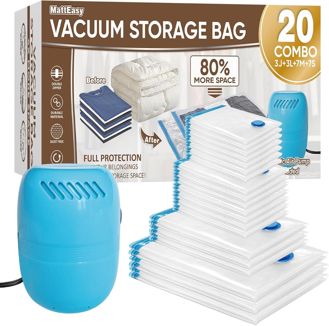 Vacuum Storage Bags with Electric Pump, 20 Pack (3 Jumbo/3 Large/7 Medium/7 Small), Space Saver Bags with Pump, Storage Vacuum Sealed Bags for Clothes, Comforters, Blankets, Bedding