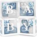 44-Piece Baby Shower Decorations for Boy or Girl - 4 Boxes with Letters and 32 Balloons - Dusty Blue and White (Boho Aesthetic) - Gender Reveal Party Supplies - Photo Shoot Backdrop