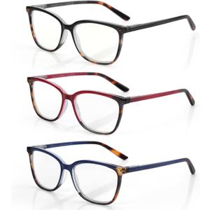 BLUEMOKY Blue Light Reading Glasses for Women 3 Pack Fashion Cat Eye Computer Glasses Bluelight Blocking Reader, Red/Blue/Black, 2.0 x
