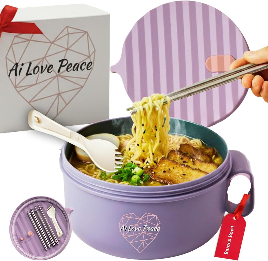 Microwaveable Ramen Noodle Bowl Cooker 40oz for Ramen, Pho, Soup, and Pasta, Dishwasher Safe and Portable, Ideal for Home, Office, Dorm, or Gift.Ai Love Peace (Purple)