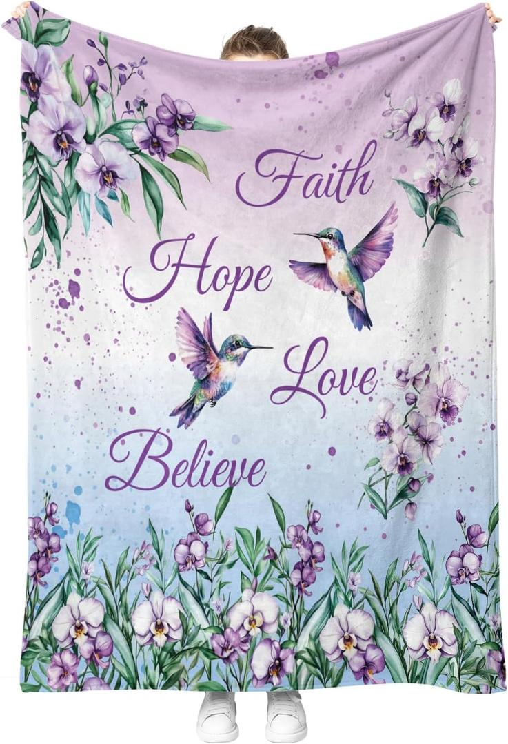 Hummingbird Floral Bird Blanket Purple Flowers Gifts for Women Kids Girls Boys Mom Wife Female Friends Birthday Christmas Halloween Spring Room Decor Colorful Soft Plush Throw Blanket 60"x80"