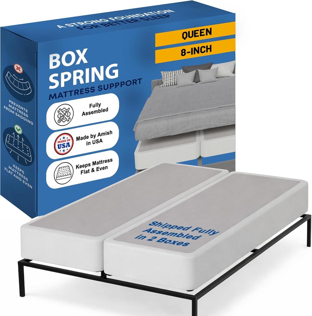 Greaton, Box Spring Bed Base Queen Size, 8-Inch Wood Mattress Foundation  Amish Made in USA  Quiet Noise Free, 2-Pieces Under Mattress-Support BoxSpring, Fully Assembled, White