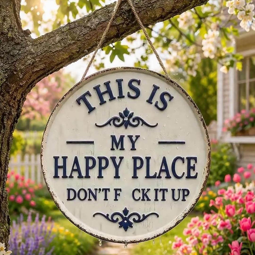 This Is My Happy Place Sign, Happy Place Metal Wall Decor, Welcome Sign For Front Door, Hanging Signs & Plaques, Funny Home Decorative For Front Door (1pcs,12 * 12in)