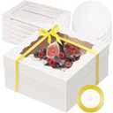 qiqee 12x12x6 Cake Box, 18 Sets White Cake Box with Window  18 Sets 12" White Cake Round Boards, 12inch Cake Containers, 10 Meters Gold Silk Ribbon