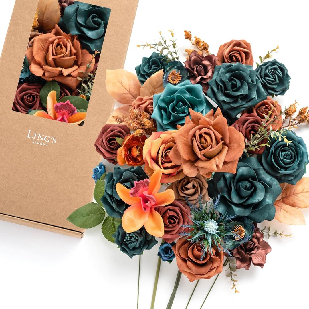 Ling's moment Fake Flowers Box, Faux Artificial Greenery Stems Foam Roses Gardenia Silk Poppy Fabic Flower for Centerpieces Bouquet Wedding Vase Decorations, Teal & Burnt Orange, Deluxe Combo