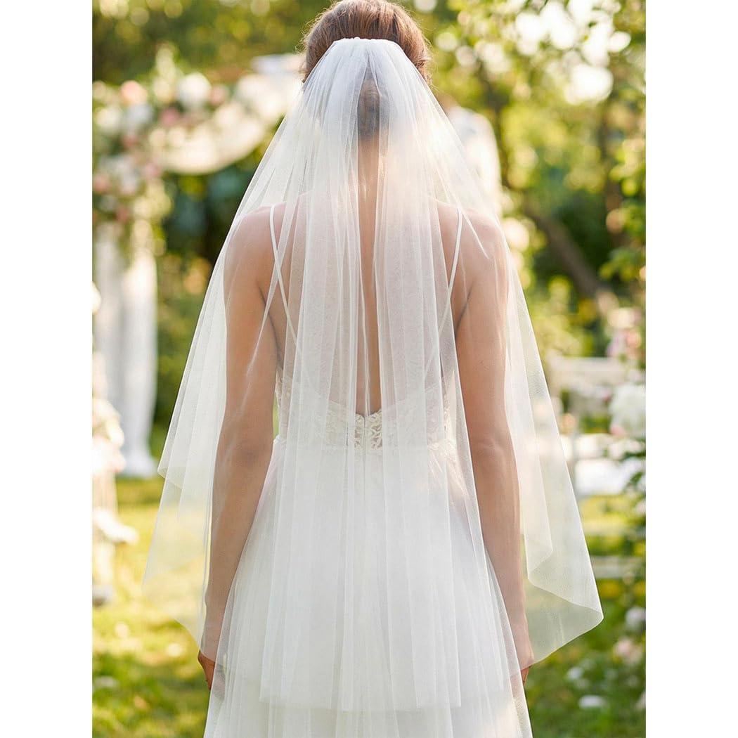 HEREAD Bride Wedding Veil Short Fingertip Length 1 Tier Bridal Tulle Veils with Comb for Women (Ivory)