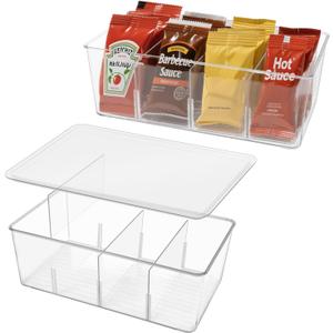 2 Pack Sauce Packet Organizer, Storage Box for Ketchup Packets, Hot Sauce Packets, and Condiment Packets, Made of Clear Plastic, Suitable for Kitchen Storage, Refrigerator Storage, One Lid Included