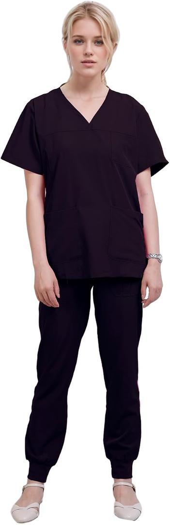 Town Scrubs for Women Scrub Set - Jogger Pant and Comfort Stretch V-Neck Easy Care Uniforms (Black, L)