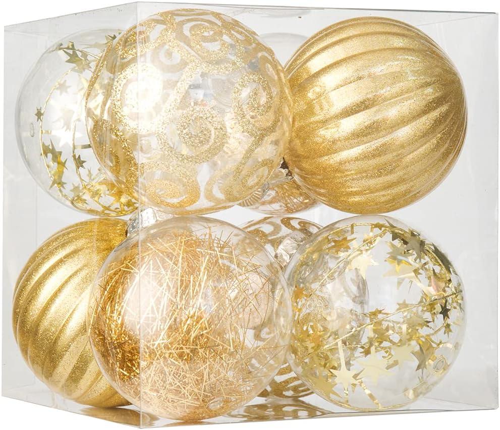 XmasExp 8ct Christmas Ball Ornaments Set -Large Clear Plastic Shatterproof Xmas Tree Ball Hanging Baubles Stuffed Delicate Glittering for Holiday Wedding Xmas Party Decoration (100mm/3.94", Gold)