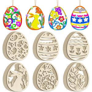 36PCS Wooden Easter Ornaments to Paint, 6 Styles DIY Blank Unfinished Wood Egg Cutouts Ornament for Crafts Hanging Decorations Happy Easter Hallow Egg Rabbit Bunny Butterfly Flower Hen (Large)