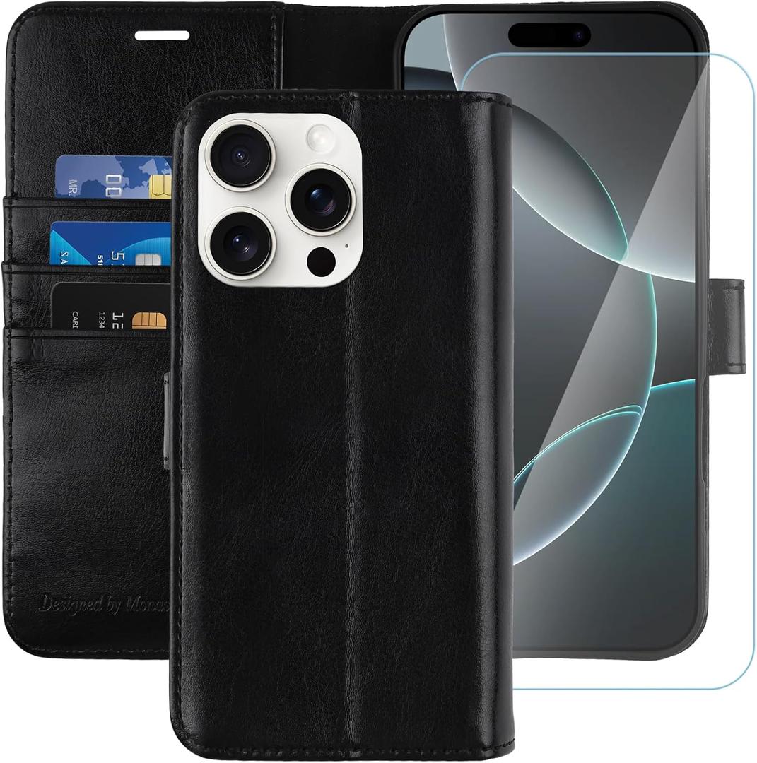 MONASAY Wallet Case Compatible for iPhone 16 Pro 5G, [Glass Screen Protector Included] [RFID Blocking] Flip Folio Leather Cell Phone Cover with Credit Card Holder, 6.3-inch, Black