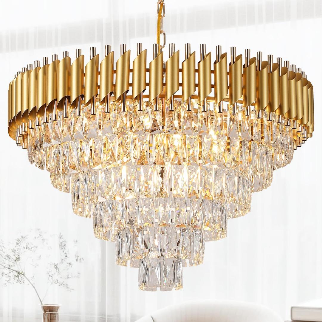 K9 6-Tiers Modern Gold Crystal Chandelier 30'' Contemporary Crystal Pendant Chandeliers Light Fixture 16 Lights for Living Room Dining Room Bedroom Entryway Foyer High Ceiling，E12 Base ﻿ ﻿