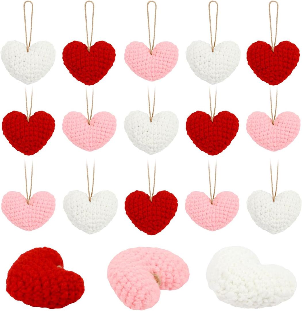 CCINEE 15PCS Valentines Heart Hanging Knit Ornaments, Red Pink White Valentines Crochet Bowl Vase Filler for Valentine's Day Mother's Day Decor
