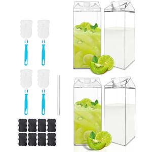 64 Oz Large Clear Milk Carton Container Plastic Square Milk Water Bottle Milk Container for Refrigerator for Outdoor Climbing Tour or Camping (4 Pcs)