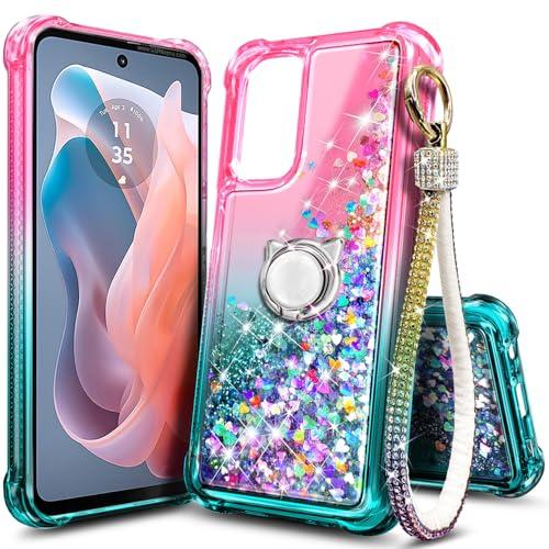 WDHD Compatible with Samsung Galaxy A16-5G Phone Case, Pink/Aqua | Bling Sparkly Glitter Floating Liquid Waterfall Cute Cover for Women Girls Kids | Ring Holder Grip & Diamond Wrist Strap Lanyard