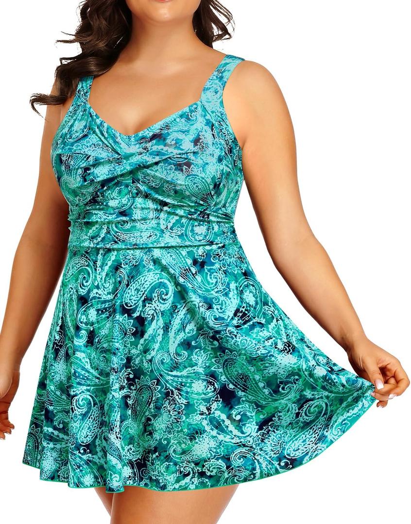 Plus Size One Piece Swim Dress Flowy Swimsuits Tummy Control Bathing Suit (Blue) - 24W