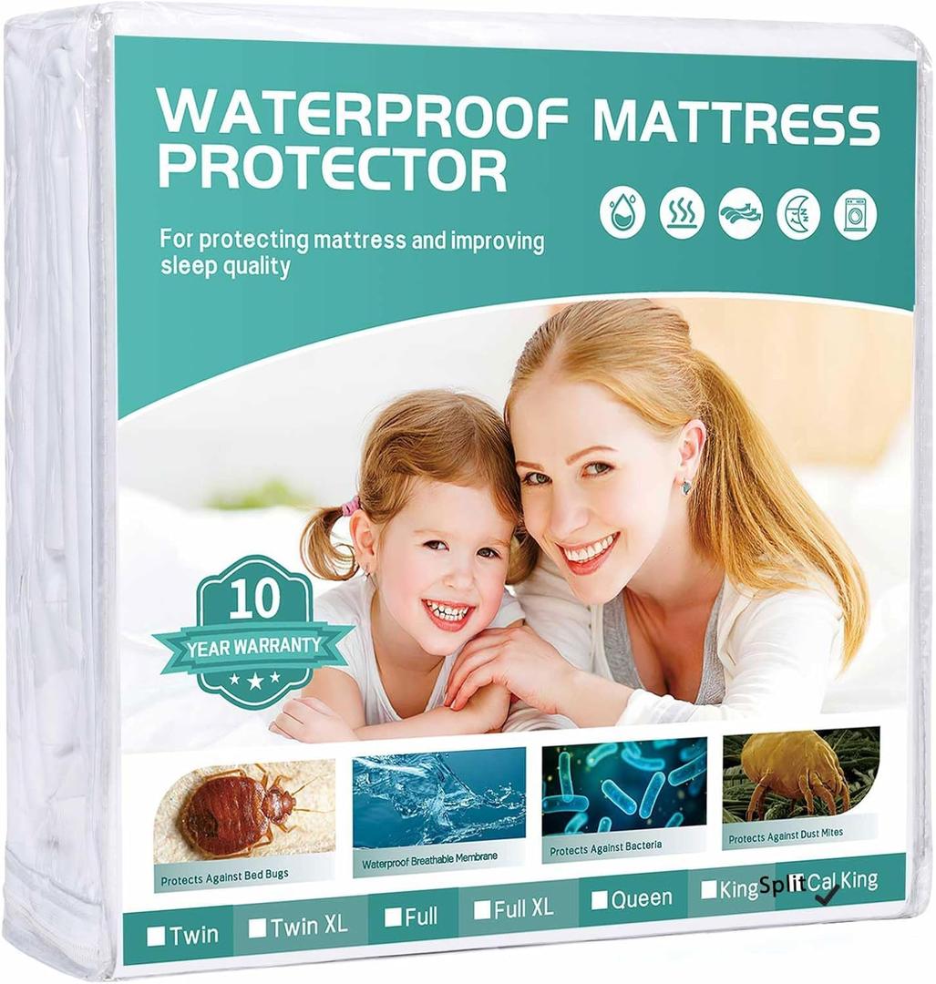 Waterproof Mattress Protectors Split California King 9" Depth, Zippered Mattress Cover Soft Breathable Encasement Great for Dorms Hotel,36"x84"x2
