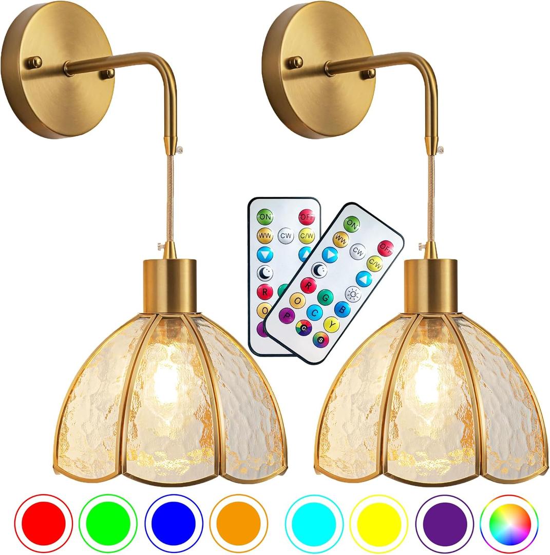 Battery Operated Wall Sconces Set Of Two, Indoor Not Hardwired Battery Wall Light With Remote Control, RGB Color Changing Dimmable Battery Powered Wall Lamp For Bedroom, Easy To Install, Bulb Included (Transparent)