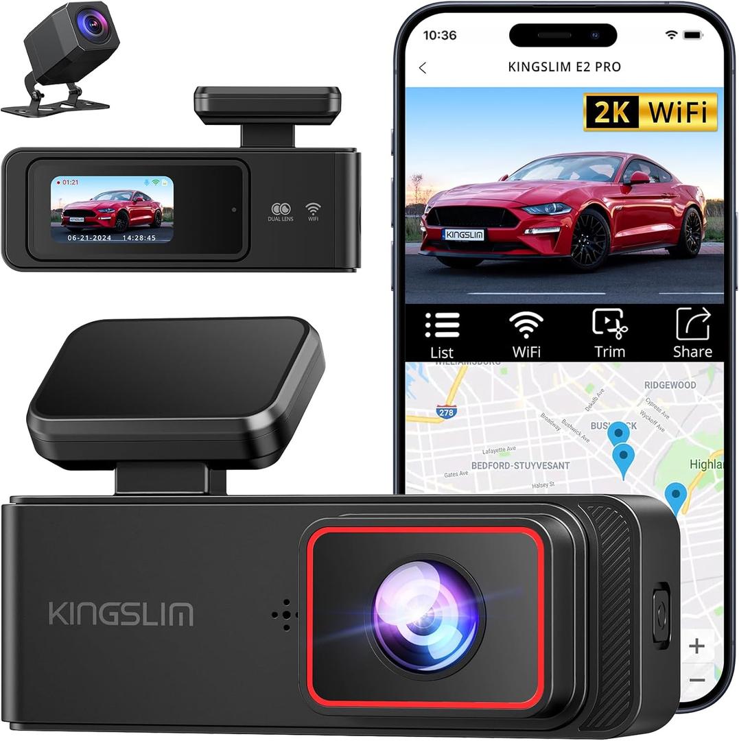 Kingslim Dash Cam Front and Rear 2K+1080P, Mini WiFi Dash Camera for Cars Dual Dashcam Parking Monitor, Loop Recording, Car Camera Support Max 256GB (E2PRO)