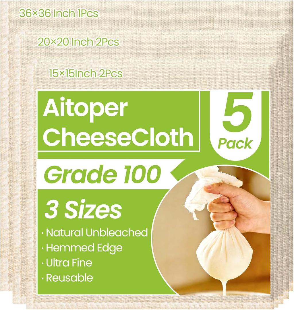 5Pcs Reusable Cheese Cloths, Grade 100, (15x15Inch x2 + 20x20Inch x2 + 36x36Inch), 100% Unbleached Cotton, Ultra Fine Mesh for Cooking, Straining, Crafts, Baking, Hemmed Edges