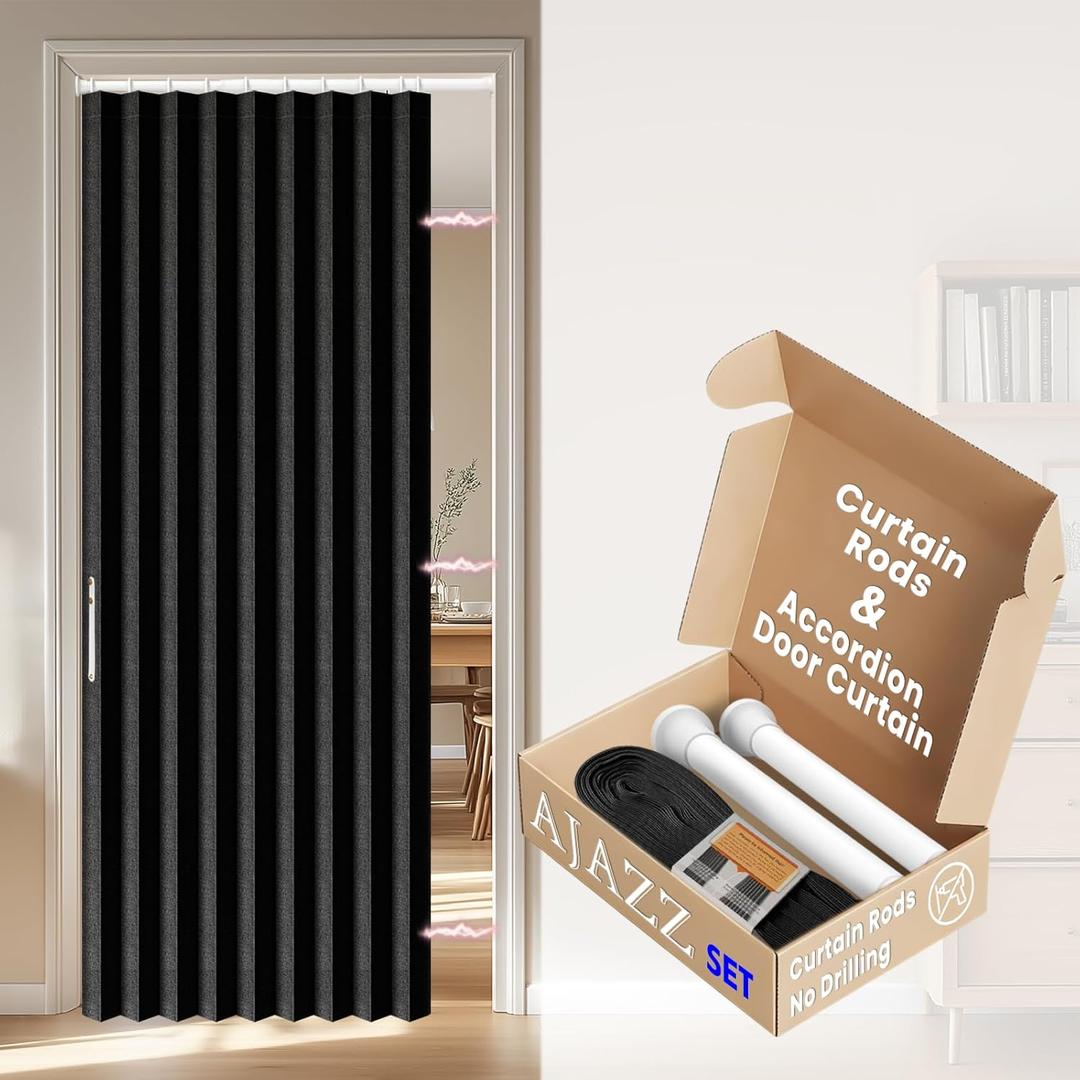AJAZZ Blackout Accordion Door Invisible Accordion Doors Interior Magnetic Door Curtain for Bedroom Living Room Doorway Curtain Sets Included Rod (1 Pack, 43W x 78 L, Black)