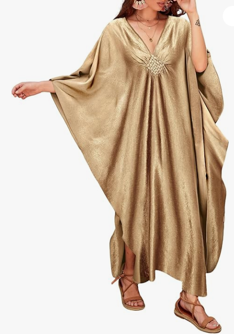 Bsubseach Women White Kaftan Dress Batwing Sleeve Plus Size Swimsuit Cover Up Maxi Caftan Dresses, Champagne, One Size