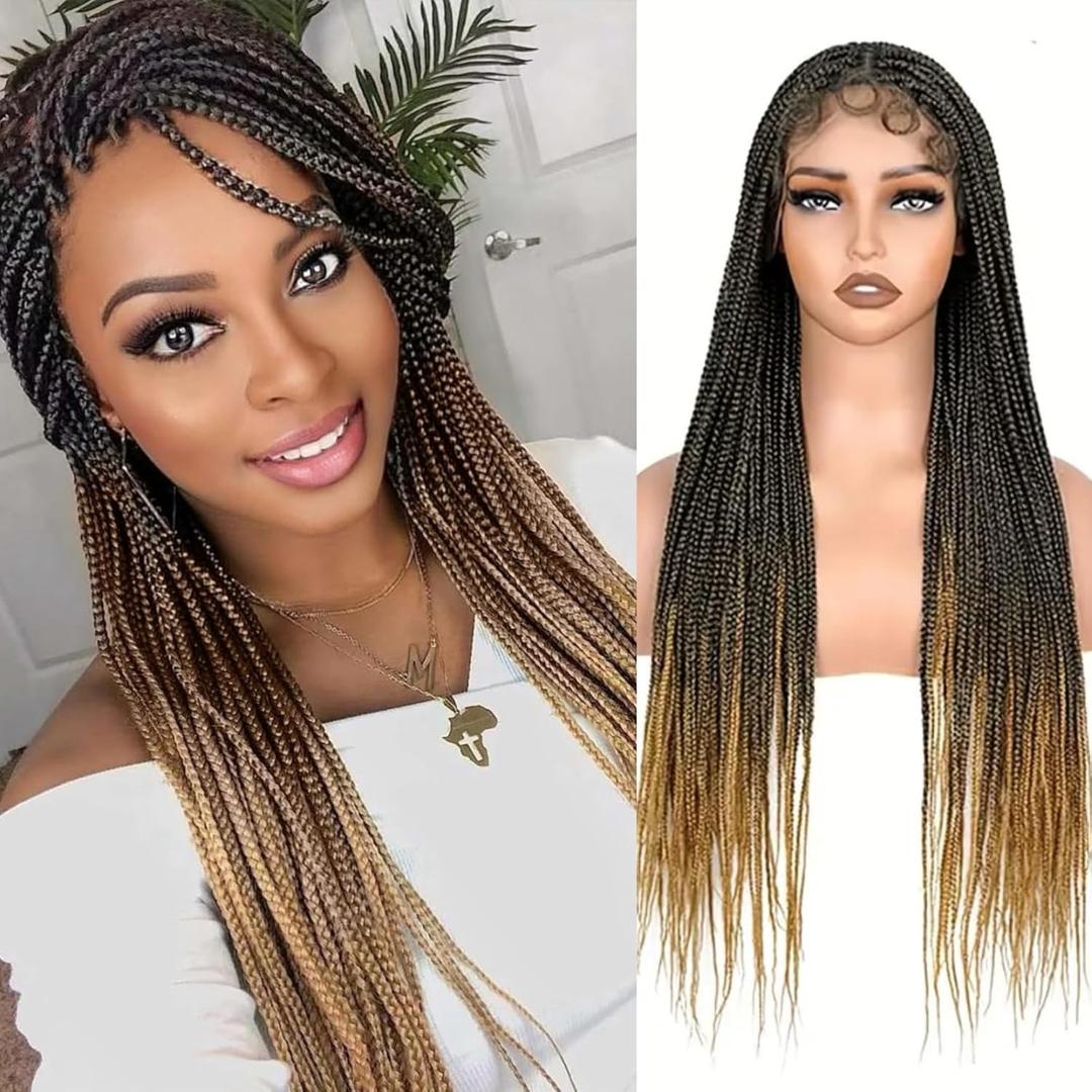 Knotless Box Braided Wigs for Black Women Glueless Double Full Lace Front Human Hair Blended Lightweight Hand Braid Wig with Baby Hair (Ombre Blonde, 30 Inch)