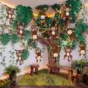 77 Pcs Jungle Monkey Themed Party Decorations Rainforest Tropical 2026 Vbs Safari Birthday Decor with 12 Felt Hanging Monkeys 98.4ft Kraft Paper 14.4ft Artificial Rattan 60 Leaf Garland for Classroom