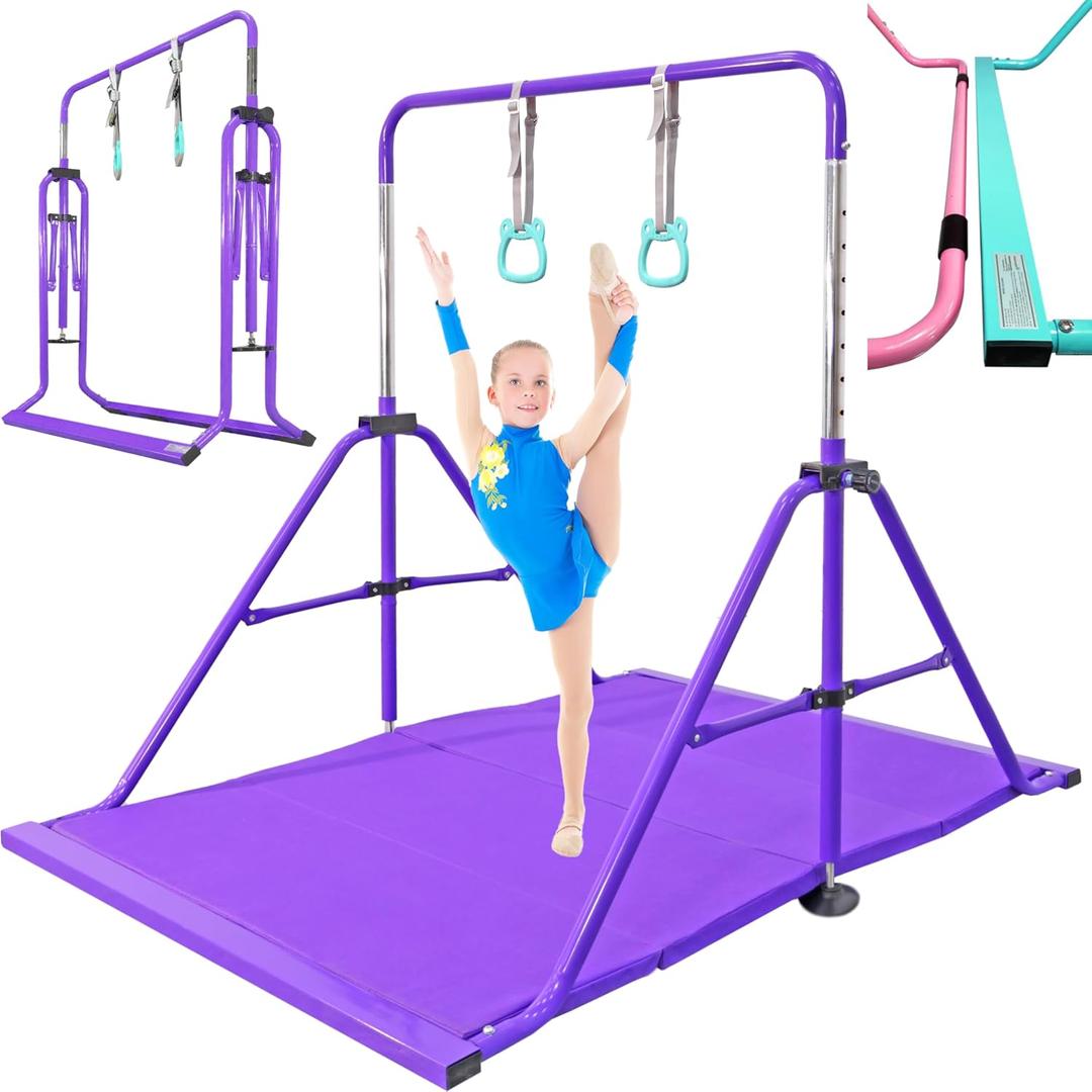 Folding Gymnastics Bar with Rings, Foldable Kip Bar with Sturdier Base, Training Bar for Kids Ages 3-10, Horizontal Bar, Home Gym Equipment for Boy Girl, 38'' Long Square Base