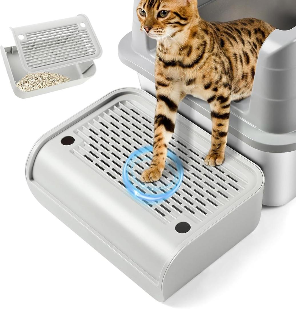 Rolcoassuns Litter Box Step, Cat Ramp/Pedal for Automatic Litter Box, Litter Catcher with Filter Function and Non-Slip Rubber Feet, Litter Step Stool Suitable for Kittens and Senior Cats (Light Grey Elevated)