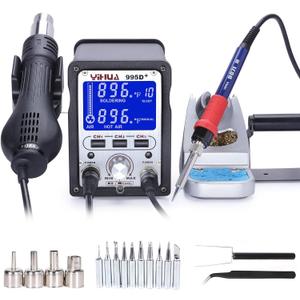 YIHUA 995D+ 2 in 1 Hot Air Rework and Soldering Iron Station with 3 Memories, Large LCD Screen Display, Cool/Hot Air Conversion, Sleep Mode, F /C (Silver)