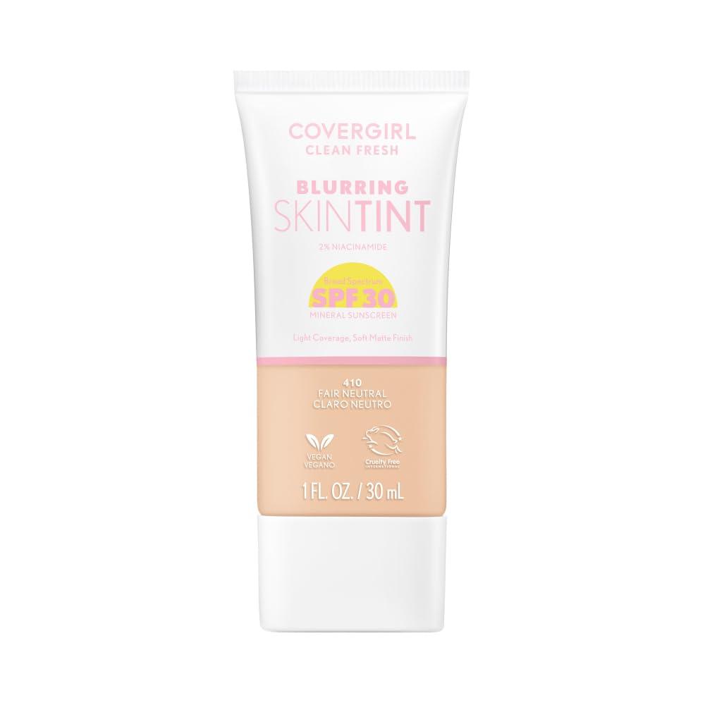 COVERGIRL Clean Fresh Blurring Skin Tint with SPF 30, 410 Fair Neutral, Liquid Foundation, Soft Matte Finish, Smooths, Brightens, Blurs Pores, Mineral Sunscreen, Vegan Formula (1 Fl Oz (Pack of 1))