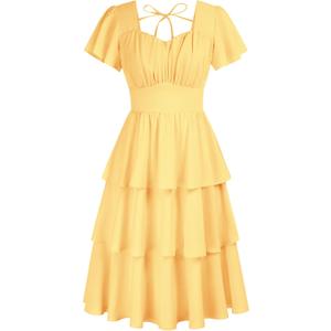 Women's Vintage Short Sleeve Tiered Ruffle Dress 2026 Summer Casual Layered A-line Swing Sundresses Yellow XX-Large