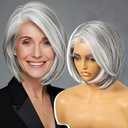 KOME Grey Synthetic Lace Front Wig,Silver Side Part Short Straight Glueless Bob Wigs for White Women Daily Use 10IN (#2/60HL)
