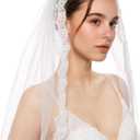 Cobirfam Bridal Veil Lace Edge 1 Tier Fingertip Length Wedding Veil with Comb for Brides (Off-white-29in)