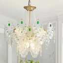 GlowHub Modern Glass Chandelier Gold 20" Crystal Chandelier, Round 3 Tier Pendant Light Fixture with Green Dotted and Pearl Beaded Luxury Design for Dining Room Living Room Bedroom Entryway Foyer