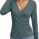 Women's Long Sleeve Deep V Neck Tops Wrap Ruched Slim Fit Shirts Button Side Blouse Sexy Fall Outfits 2025 (Green, S)
