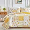 Flysheep Floral Patchwork Quilt Set Full/Queen Size, 3 Pieces Yellow Flower Plaid Bedspread Coverlet Set, Lightweight Soft Microfiber Bed Cover for All Season (90" x 90", 1 Quilt+ 2 Pillow Shams)