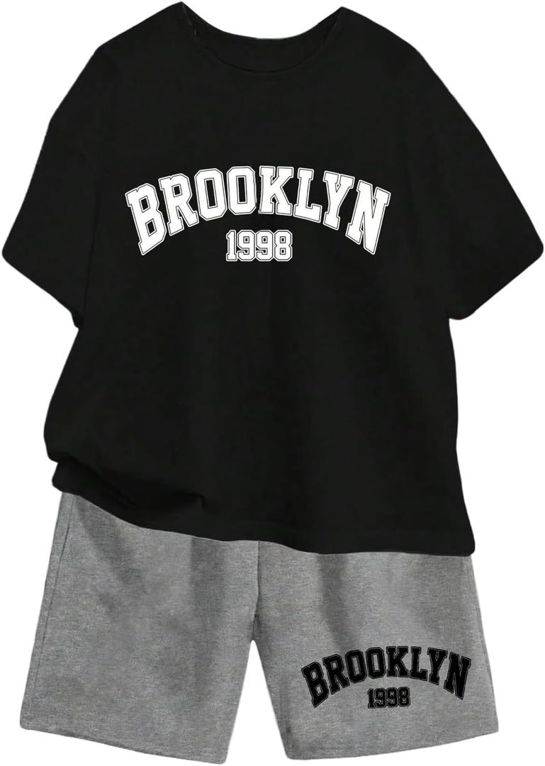 Boy's 2 Piece Preppy Summer Outfits Graphic Tees and Track Shorts Set Casual Clothing Sets (Black)
