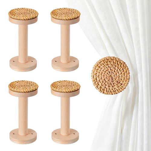 4 Pcs Curtain Holdbacks,Curtain Holders for Wall,Handcrafted Bohemian Rattan&Beech Wood Curtain Hooks-Unique Artisanal Drapery Tiebacks for Boho Home Decor in Bedroom, Living Room, Study