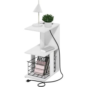 Furinno BOYATE Side Table, 2-Tier End Table with Charging Station, Open Shelf Night Stand, Bedside Table with USB and Type-C Port, for Living Room, Bedroom, White