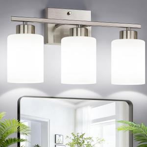 Brushed Nickel Bathroom Light Fixtures with Milk Glass Shades, Eye-Friendly 3 Light Vanity Lights for Bathroom, Vanity Lights with E26 Socket (Bulbs Not Included), for Mirror, Bedroom, Hallway