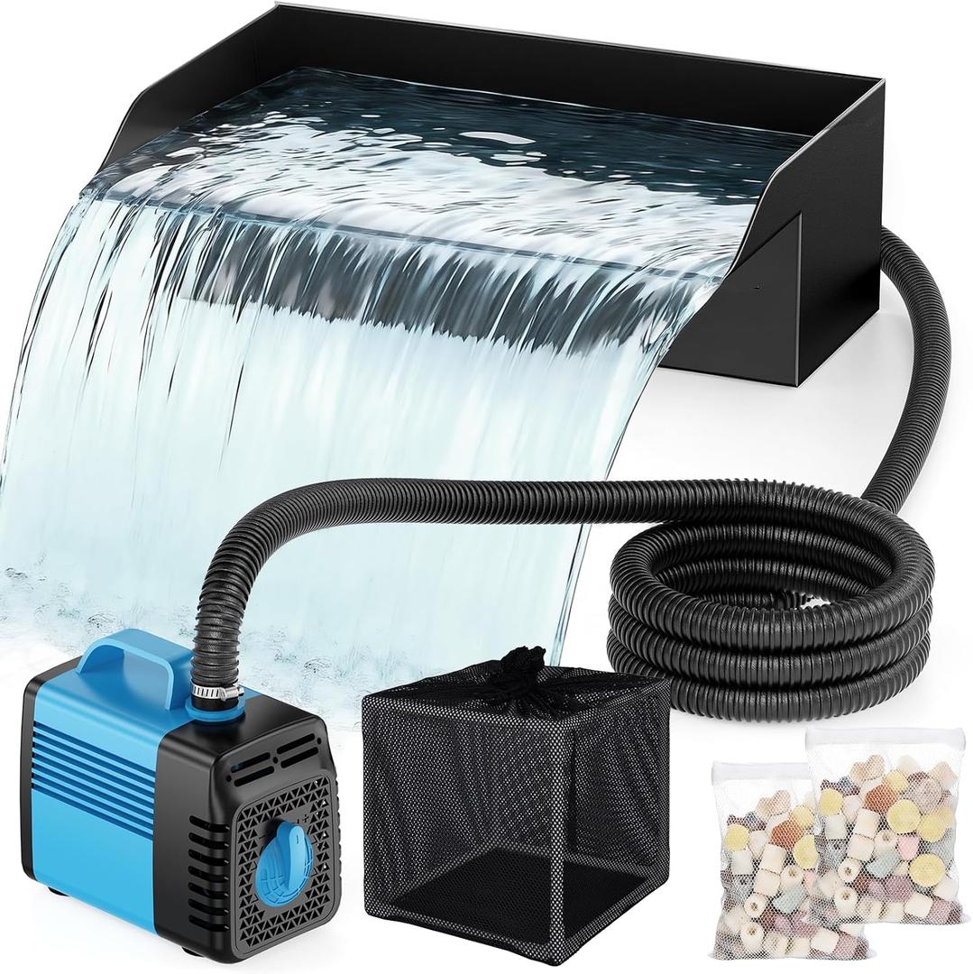 Pond Waterfall Spillway Kit, 12" Pond Waterfall Filter with 660GPH Waterfall Pump & Filter Cage, 10 Ft Corrugated Tubing for Outdoor Garden Ponds, Backyard Water Features